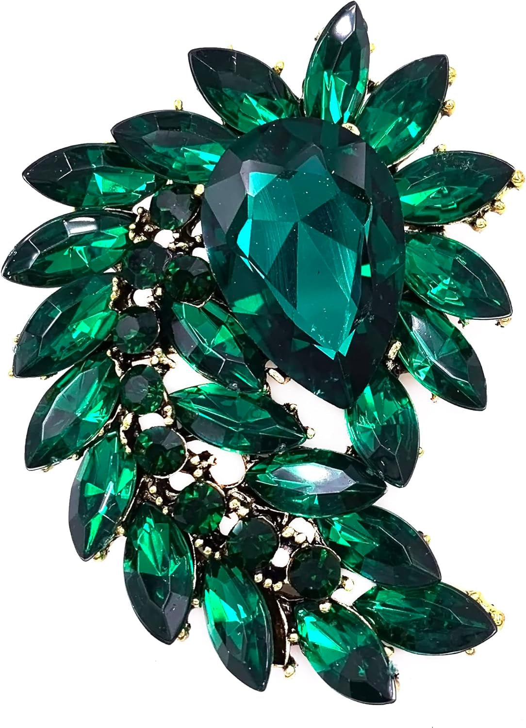 Marquise Shape Rhinestone Red Leaf Costume Brooch Pin Jewelry Antiqued Gold Tone