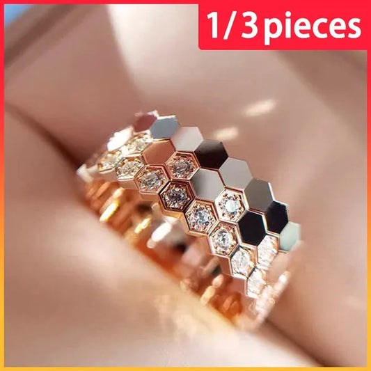 Women's fashion silver-plated honeycomb hexagon diamond ring rose gold -plated jewelry bridal engagement party ring wedding jewelry gift (size 5-11)