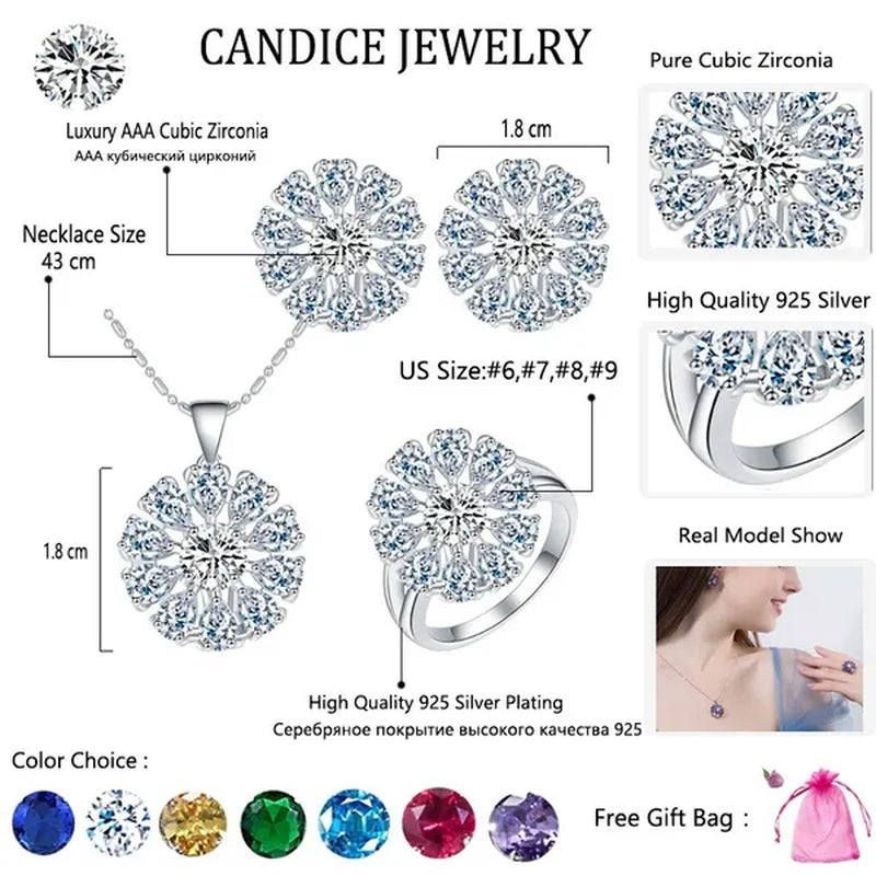 CANDICE BLUE Zirconia Stone Flower Stud Earrings Necklace Ring Fashion Sterling Silver Plated Jewelry for Christmas Party