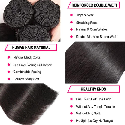 12A Human Hair Bundles Straight 16 18 20 Inch 3 Bundles Human Hair 100% Unprocessed Brazilian Virgin Hair Bundles Deals Human Hair Weave Bundles Human Hair Extension Double Weft Natural Color