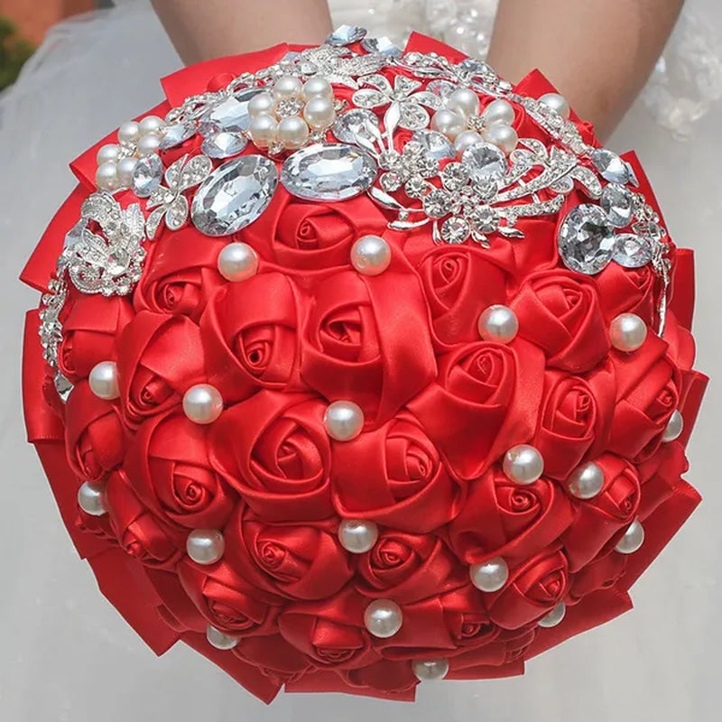 18CM Fine Red Artificial Fake Flower Rose Wedding Bouquet Butterfly Diamonds Pearl Flowers brooch Bride Holding Flowers Bridesmaid Bouquet Wedding Flowers