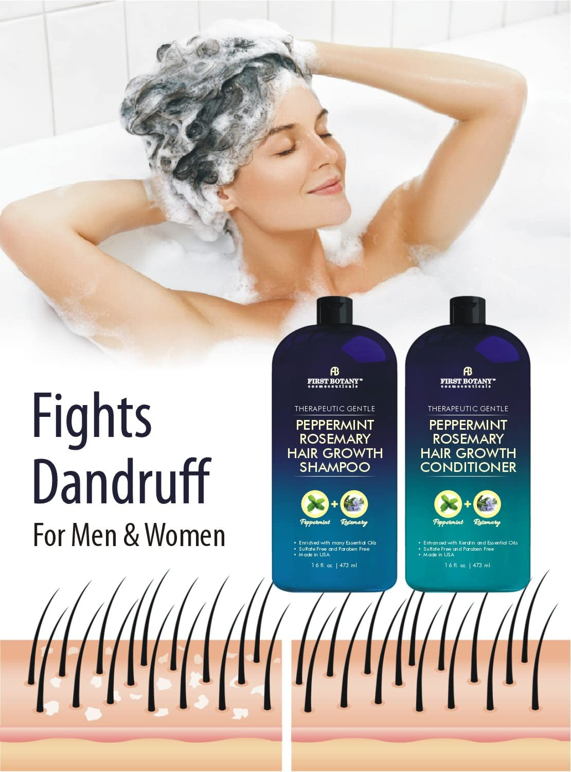 , Peppermint Rosemary Hair Regrowth and anti Hair Loss Shampoo and Conditioner Set - Daily Hydrating, Detoxifying, Volumizing Shampoo and Fights Dandruff for Men and Women 16 Fl Oz X 2