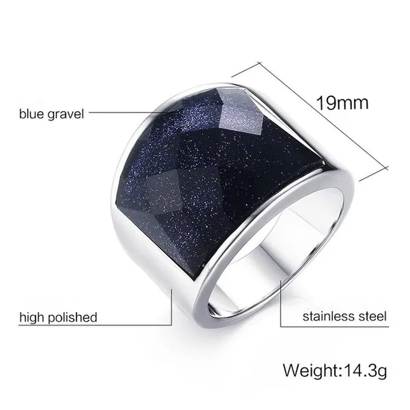 Men's Fashion Jewelry High Polished Silver Titanium Steel Ring With Blue Gravel (Blue Sandstone) Mens Wedding Band Fine Rings