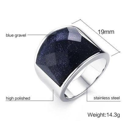 Men's Fashion Jewelry High Polished Silver Titanium Steel Ring With Blue Gravel (Blue Sandstone) Mens Wedding Band Fine Rings
