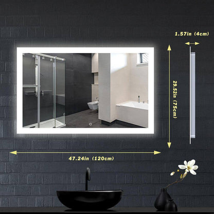 48 In. W X 30 In. H Large Rectangular Frameless LED Light with Anti-Fog Wall Mounted Bathroom Vanity Mirror