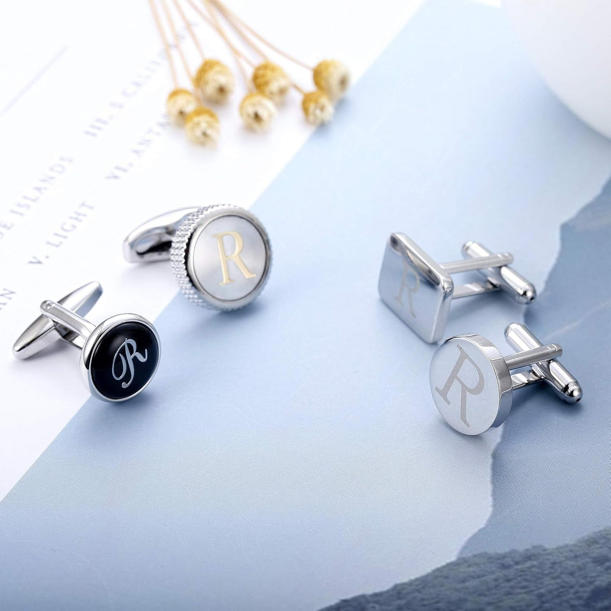 4Pairs Men'S Initial Letter Shirts Cufflinks Engraved Shirt Cufflink Alphabet Set Fashion Dazzle Tuxedo Cufflinks Business Wedding Father'S Daygift