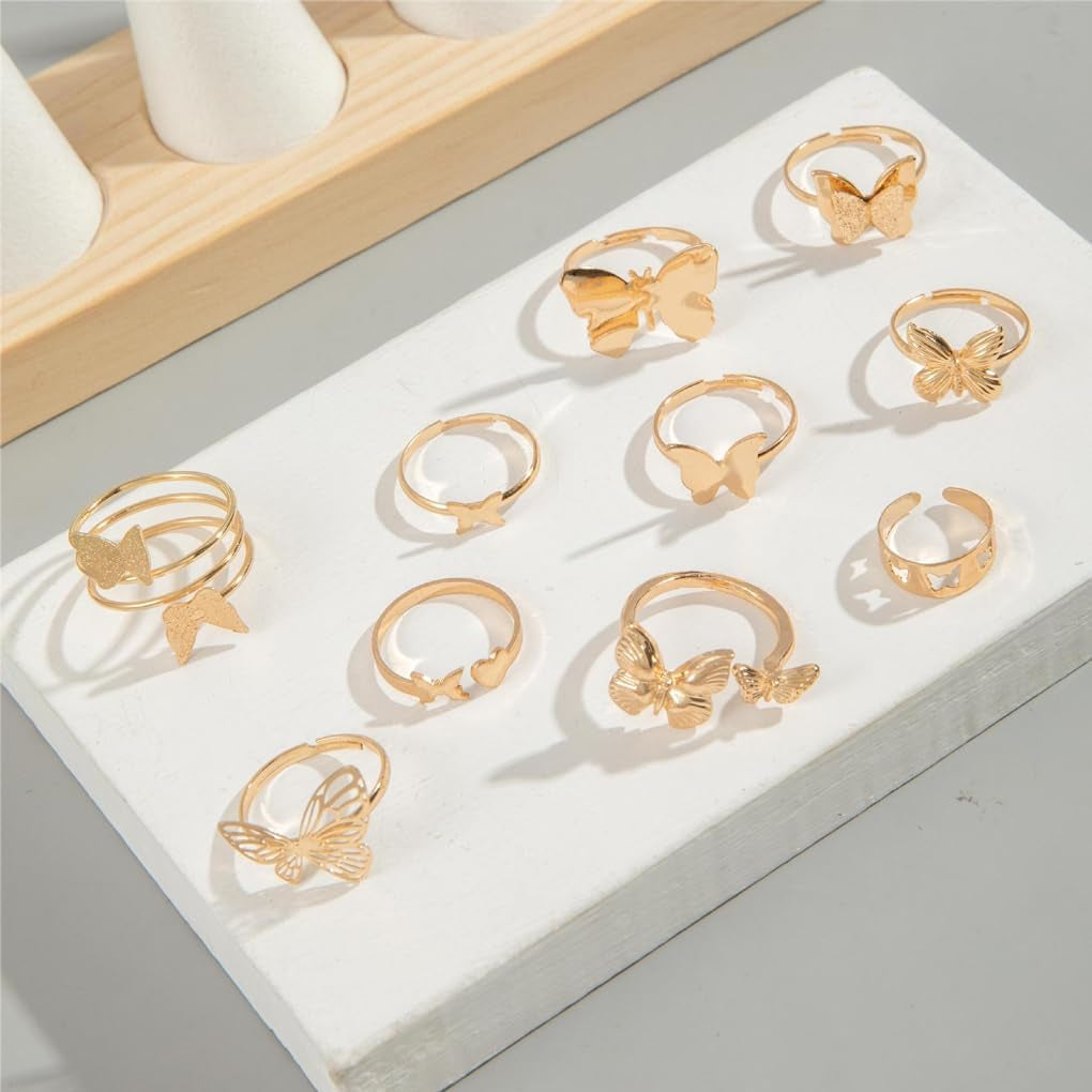 Gold Rings for Women Boho Chunky Cubic Zirconia Butterfly Pearl Heart Knuckle Rings Geometric Dome Star Leaf Statement Rings Trendy Jewelry Gifts