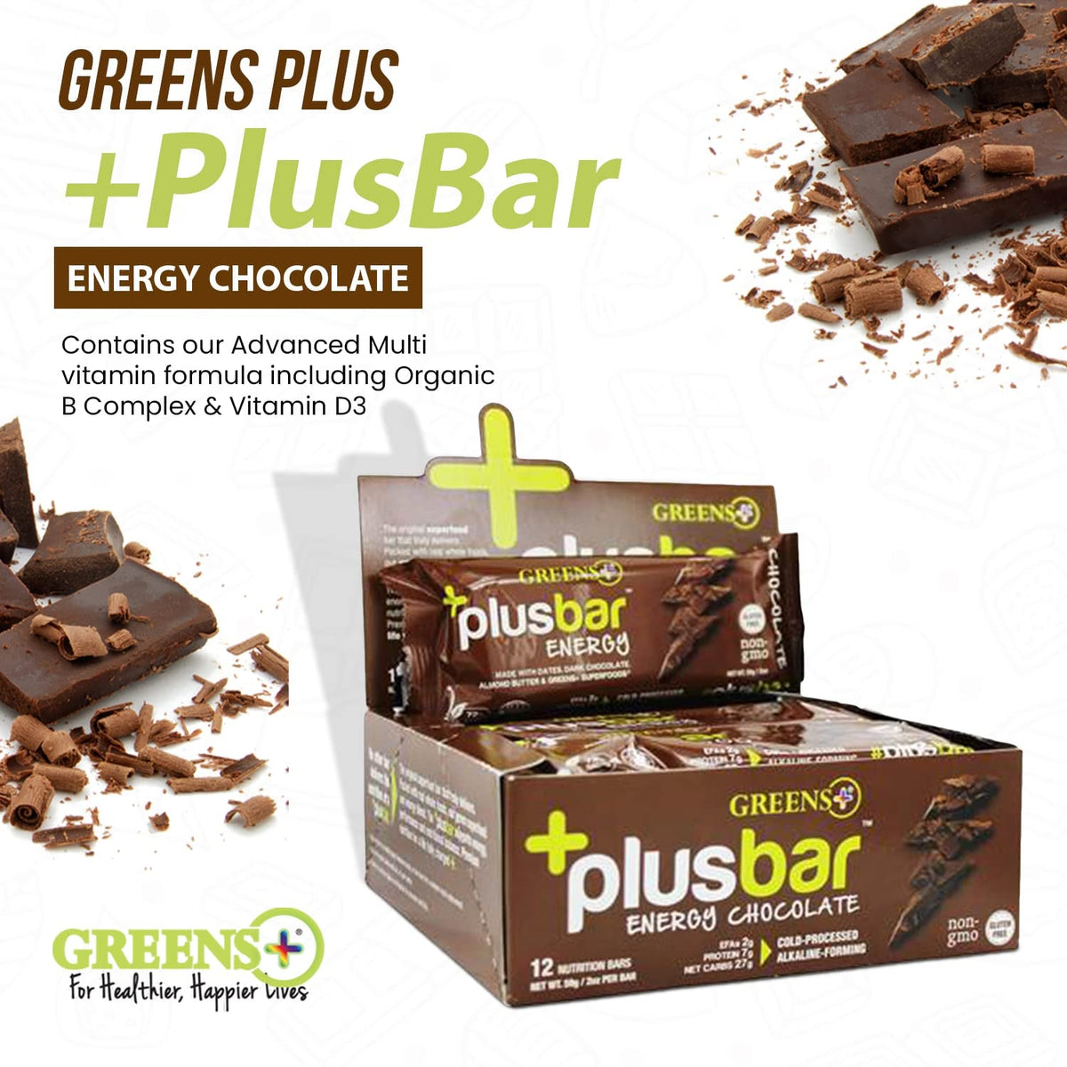 Plusbar Energy Bars, Chocolate, Gluten Free Healthy Snacks with Organic Super Greens, Superfoods & Dark Chocolate, Vegan, Dairy Free & Non GMO, 8G Protein Meal Replacement Bars, 12 Bars