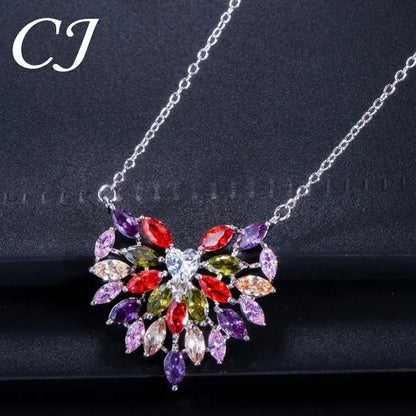 CANDICE New Fashion Women Heart Pendant Jewelry Set Pave Purple Red Green Marquise Cubic Zirconia Party Chain Necklace Big Stud Earrings Sets for Girls Gift