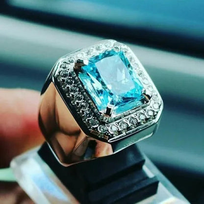 Silver Ring 2.8CT Natural Gemstone Sapphire Aquamarine Diamond Jewelry Embellishment Men Engagement Party Wedding Band Rings Size：7-14