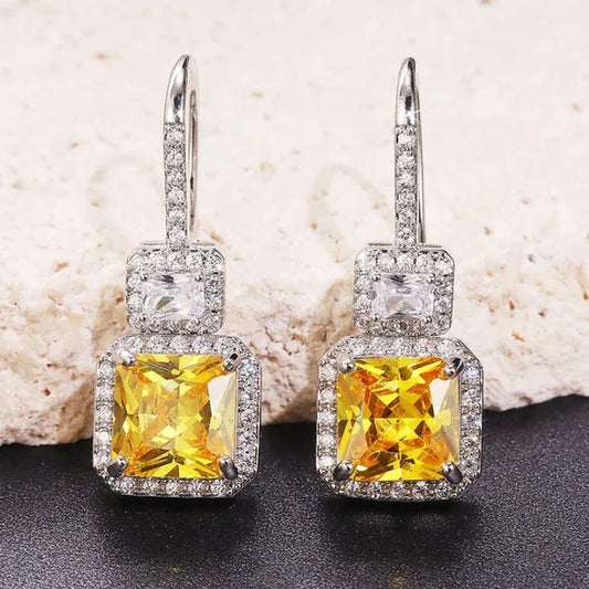 Bridal Wedding Hanging Earrings for Women Square Cut Citrine Gemstone Drop Earrings Lover Anniversary Gift