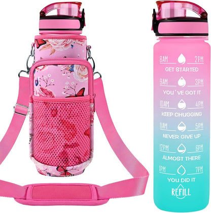 32 Oz Water Bottles with Straw & Strap, Motivational Water Bottles with Times to Drink, BPA Free Reusable Sports Water Bottle with Sleeve Carrier for Hiking, Travel, Running or Fitness