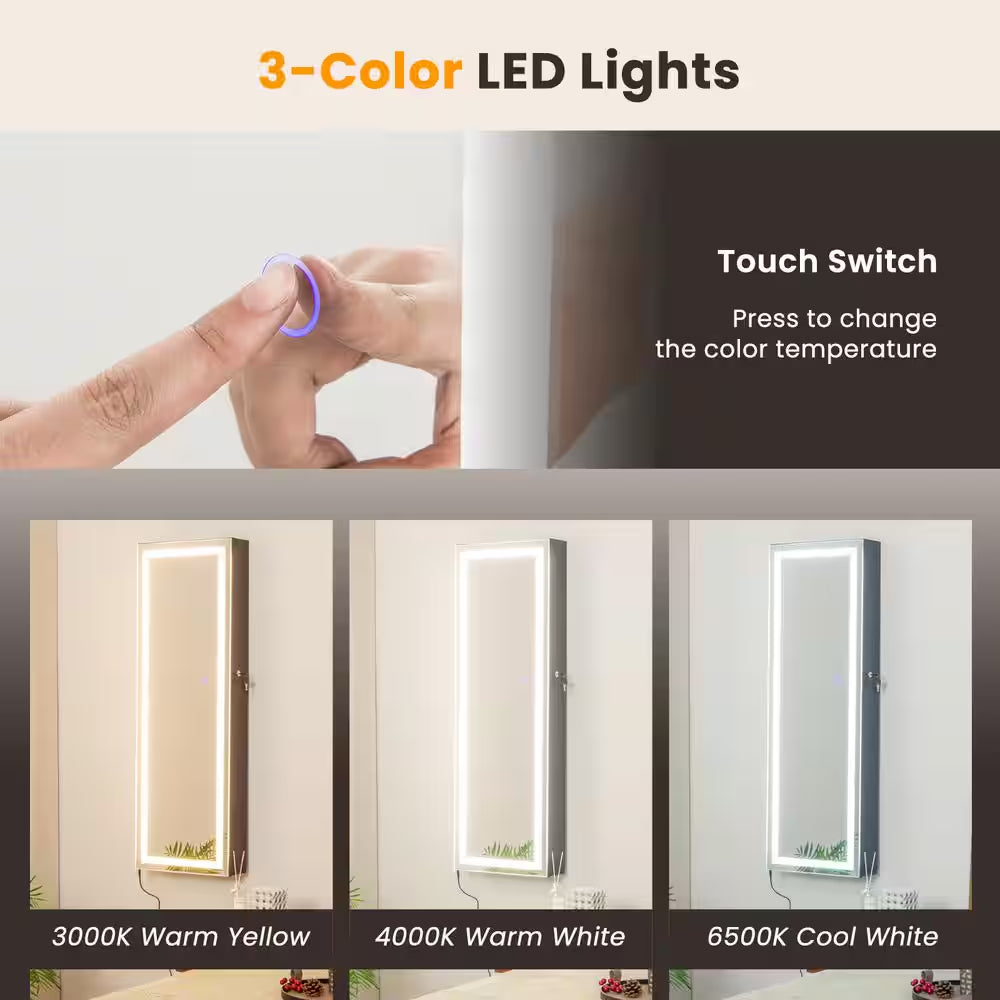 Door Wall Mount Touch Screen LED Light Mirrored Jewelry Box Cabinet Storage Lockable