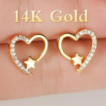 NEW Gold  Love Heart Star White Sapphire Diamond Stud Earrings for Women Wedding Engagement Bride Jewelry Gift