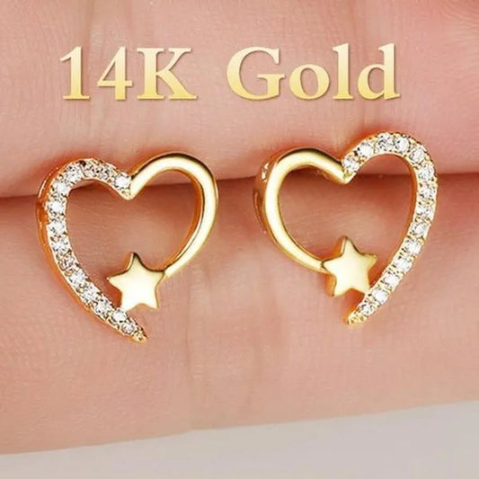 NEW Gold  Love Heart Star White Sapphire Diamond Stud Earrings for Women Wedding Engagement Bride Jewelry Gift