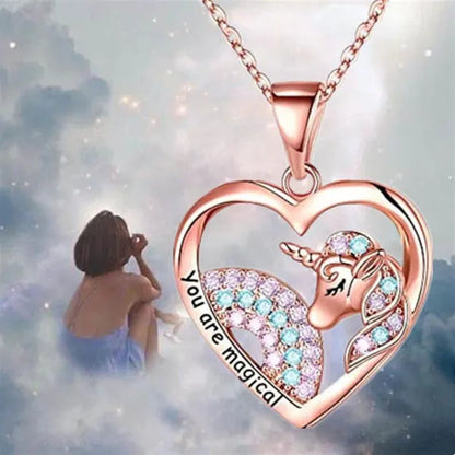 Elegant Fashion Creativity Rainbow Unicorn Necklace Rose Gold Heart-shaped Animal Pendant Necklace Engagement Necklace Women's Animal Jewelry Fashion Accessories Party Anniversary Gift
