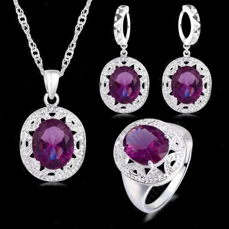 Amethyst Crystal Pendant Necklace Earrings Ring Cubic Zircon Trendy Party 925 Sterling Silver Jewelry Sets Women New Design