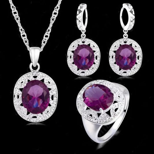 Amethyst Crystal Pendant Necklace Earrings Ring Cubic Zircon Trendy Party 925 Sterling Silver Jewelry Sets Women New Design