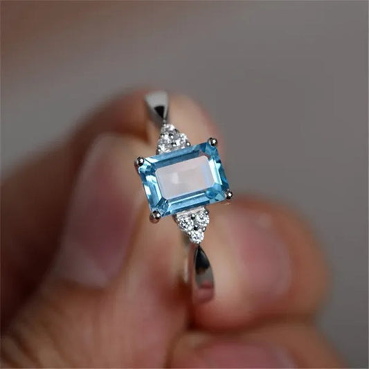 7*9mm Aquamarine/Sapphire 925 Sterling Silver Engagement Wedding Ring for Women Girl Size 6-10