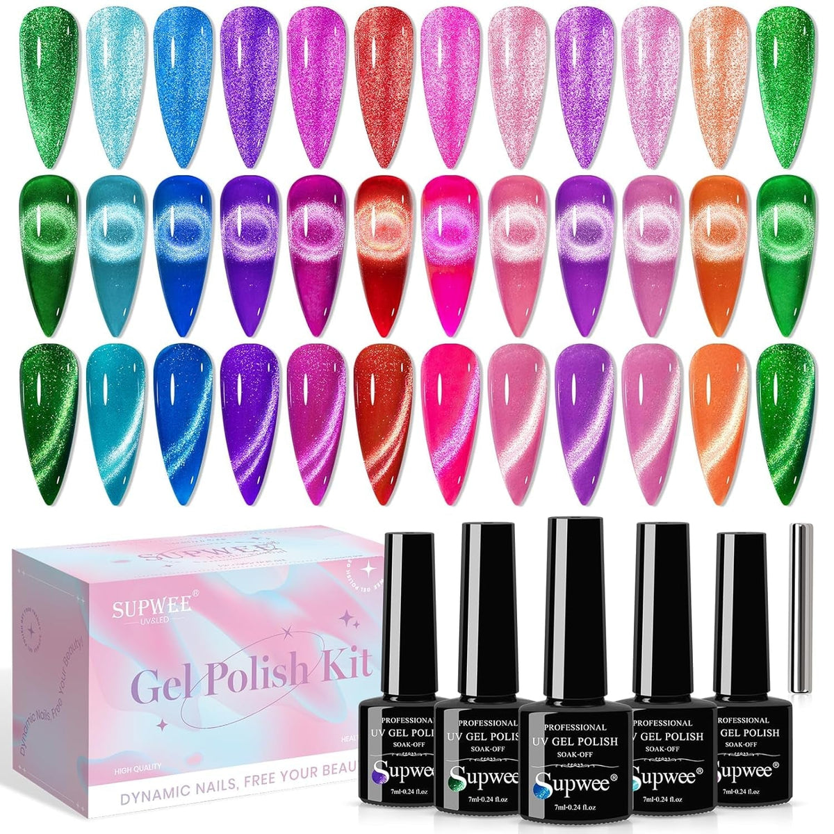 Magnetic Cat Eye Gel Nail Polish Set, 12 Colors 9D Cateye Nail Gel Polish Holographic Glitter Magnetic Gel Polish Soak Off Lamp Gel Nail Art Manicure Kit