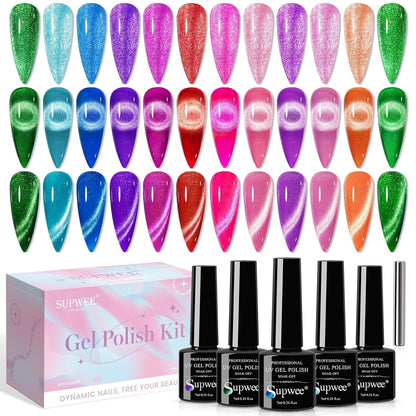 Magnetic Cat Eye Gel Nail Polish Set, 12 Colors 9D Cateye Nail Gel Polish Holographic Glitter Magnetic Gel Polish Soak Off Lamp Gel Nail Art Manicure Kit