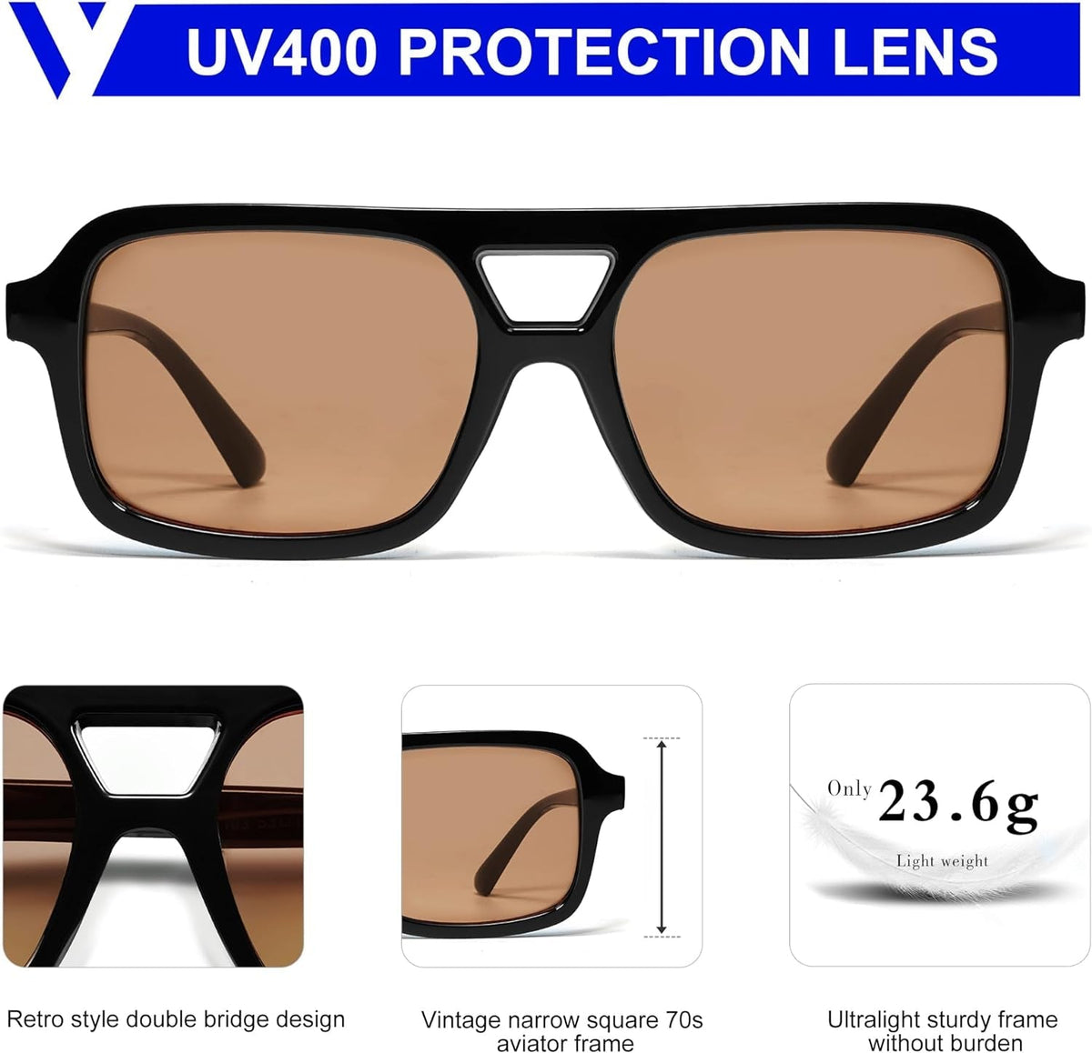 Retro 70s Square Aviator Sunglasses for Women Men Vintage Trendy Rectangle Sun Glasses VL9816