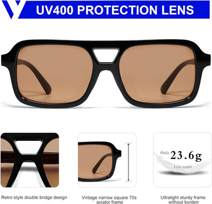 Retro 70s Square Aviator Sunglasses for Women Men Vintage Trendy Rectangle Sun Glasses VL9816