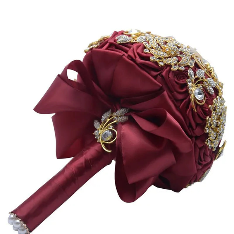 18CM Luxury Full Diamond Wedding Bouquet Shiny Crystal Brooch Bridal Bouquet Satin Ribbon Roses Wedding Flowers Bride Holding Flowers