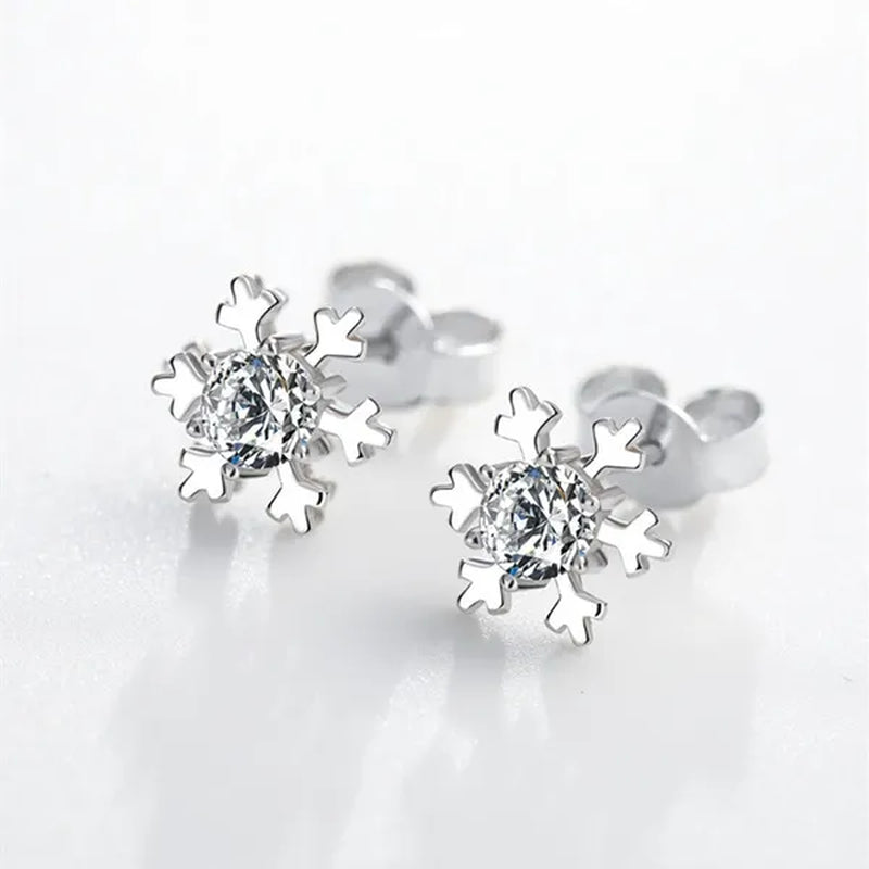 Romantic Snowflake Earrings 14K White Gold 7mm Diamond Embellishment Flower Ear Studs Christmas Decor Gifts