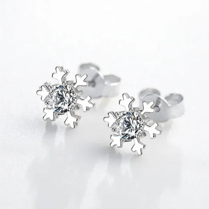 Romantic Snowflake Earrings 14K White Gold 7mm Diamond Embellishment Flower Ear Studs Christmas Decor Gifts