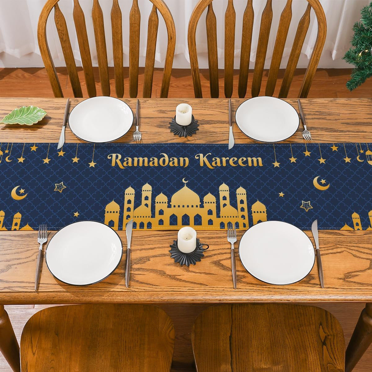 Ramadan Decorations for Home, Ramadan Table Runner Eid Mubarak Mosque Muslim Islamic Golden Moon Religious Table Runner Holiday Decor Dining Table Decoration (13'' X 48'')