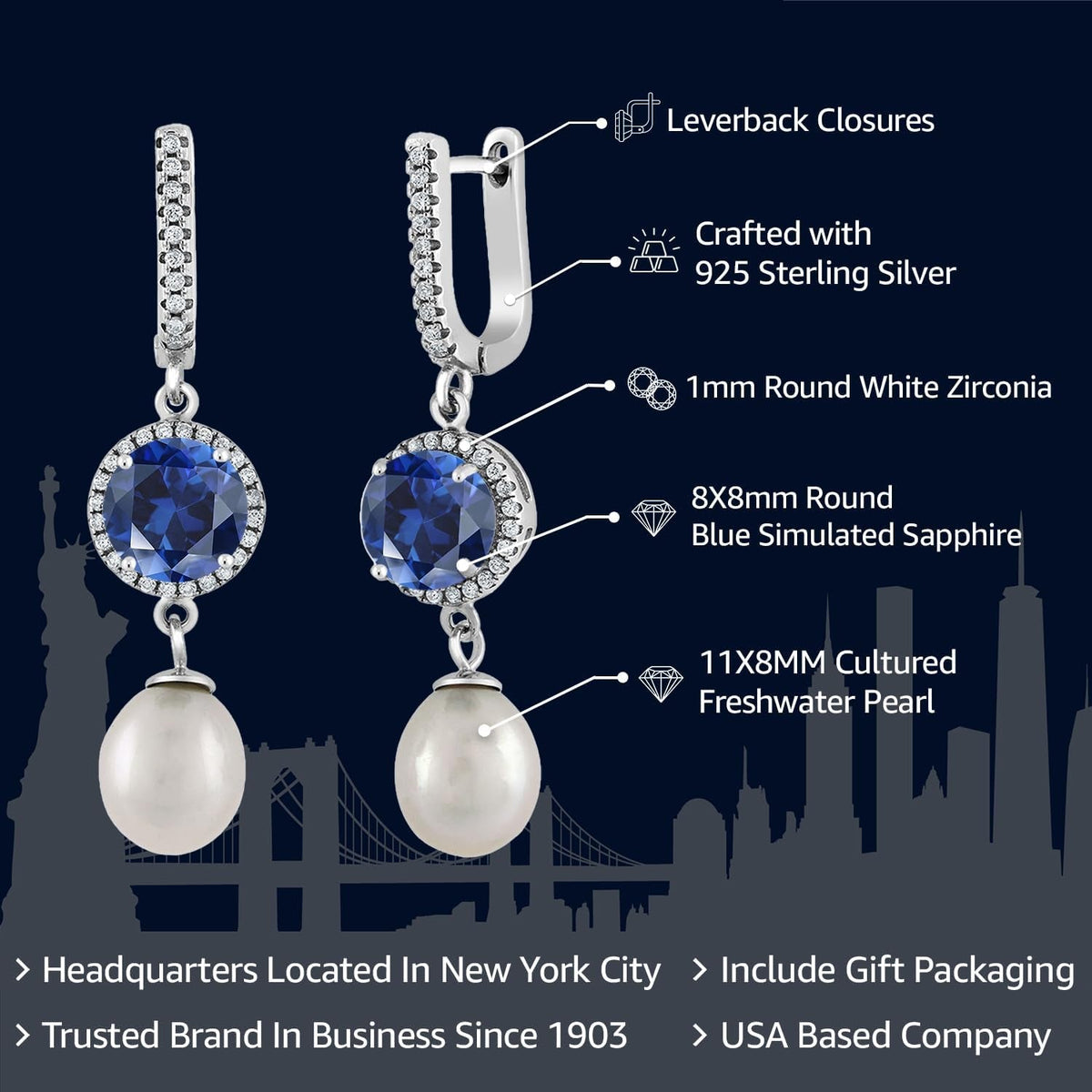 Cultured Freshwater Pearl and Gemstone Birthstone Drop Dangle Earrings for Women | 925 Sterling Silver | 11X8MM Pearl and 8MM Gemstone Birthstone