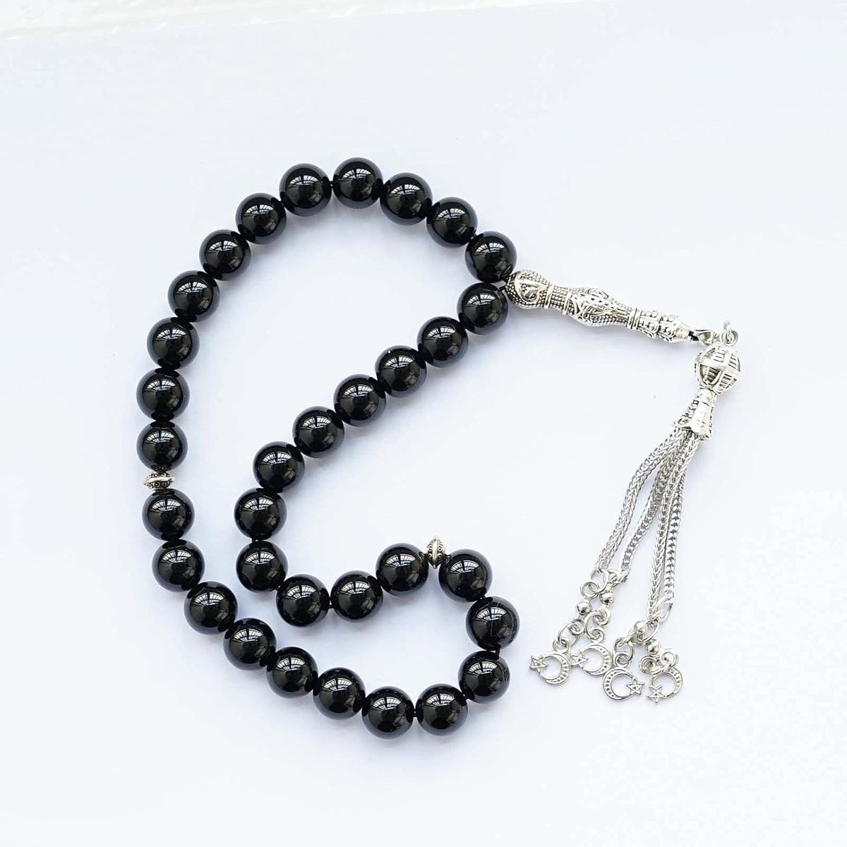 10Mm Tasbih Prayer Beads Natural Black Agate Stone Islamic Misbaha Prayer Rosary Beads Muslim Islam Misbaha Bracelet Moon Tasbeeh Sibha 33 Prayer Beads Hand Bracelets