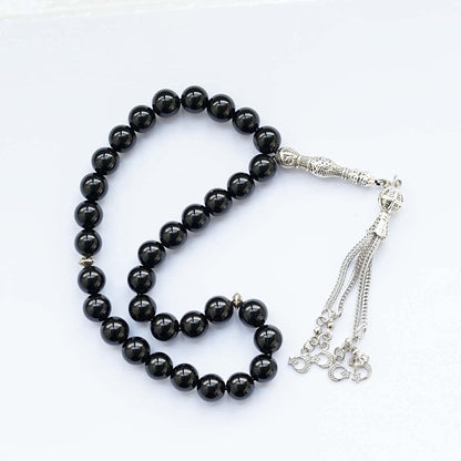 10Mm Tasbih Prayer Beads Natural Black Agate Stone Islamic Misbaha Prayer Rosary Beads Muslim Islam Misbaha Bracelet Moon Tasbeeh Sibha 33 Prayer Beads Hand Bracelets