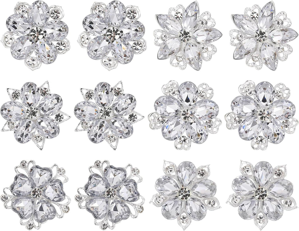 12 Pcs Rhinestone Brooch, Silver Brooch Pins, Assorted Crystal Brooch Pin Small Flower Brooches Pins Decorative Brooch Pins for Crafts Flower Lapel Badge Pins for Women DIY Bridal Wedding Bouquet Kit