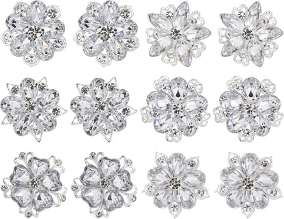 12 Pcs Rhinestone Brooch, Silver Brooch Pins, Assorted Crystal Brooch Pin Small Flower Brooches Pins Decorative Brooch Pins for Crafts Flower Lapel Badge Pins for Women DIY Bridal Wedding Bouquet Kit