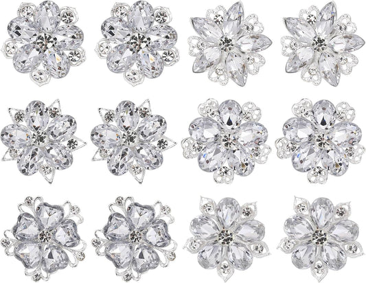 12 Pcs Rhinestone Brooch, Silver Brooch Pins, Assorted Crystal Brooch Pin Small Flower Brooches Pins Decorative Brooch Pins for Crafts Flower Lapel Badge Pins for Women DIY Bridal Wedding Bouquet Kit