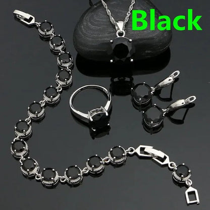 925 Sterling Silver Jewelry Set Olive Green Cubic Zirconia Retro Earrings Ring Pendant Necklace Bracelet 4Pcs for Bride