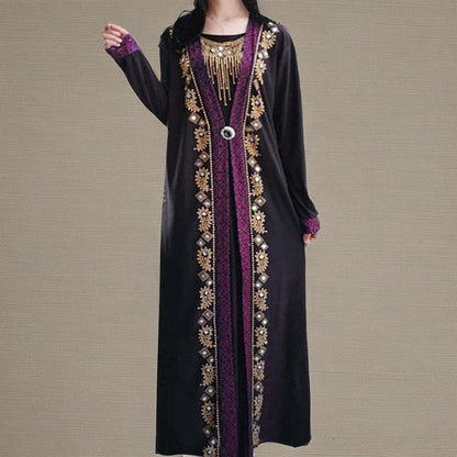 Women Muslim Dress Middle East Arabian Robe Islamic Abaya Long Sleeve Rhinestones Embroidered Cardigan Dress