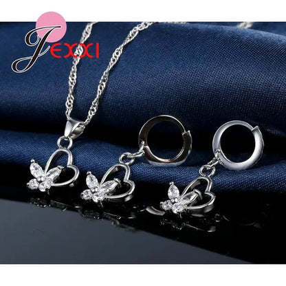 925 Sterling Silver Jewelry Set CZ Diamond Love Heart With Pretty Butterfly Pendant Necklace & Earring Wedding Party Decoration