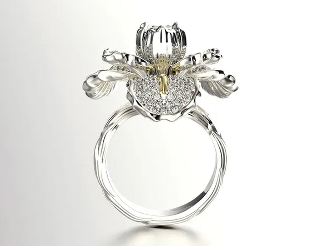 Silver Ring Iris Flower Two Tone Ring Blue Sapphire Flower Engagement Cocktail Ring Statement Crown Ring Natural Gemstones Ring Wedding Bride Engagement Band Charm Party Ring Jewelry