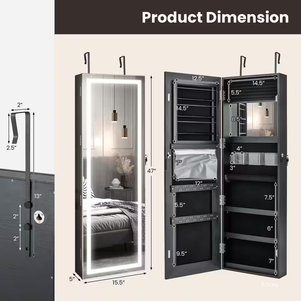Door Wall Mount Touch Screen LED Light Mirrored Jewelry Box Cabinet Storage Lockable