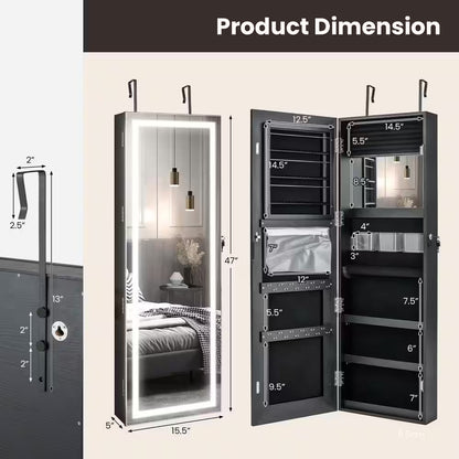 Door Wall Mount Touch Screen LED Light Mirrored Jewelry Box Cabinet Storage Lockable