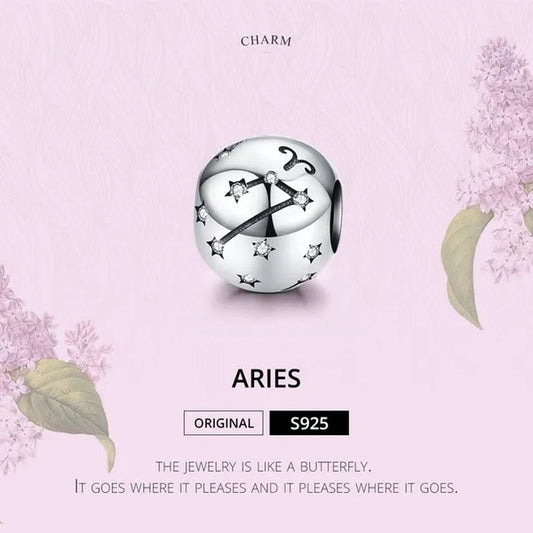 European Hot 12 Constellation Zodiac Round 925 Sterling Silver Beads Charm for Women Bracelet  Shining CZ Charm Fit Original Bangle Necklace DIY Jewelry Making