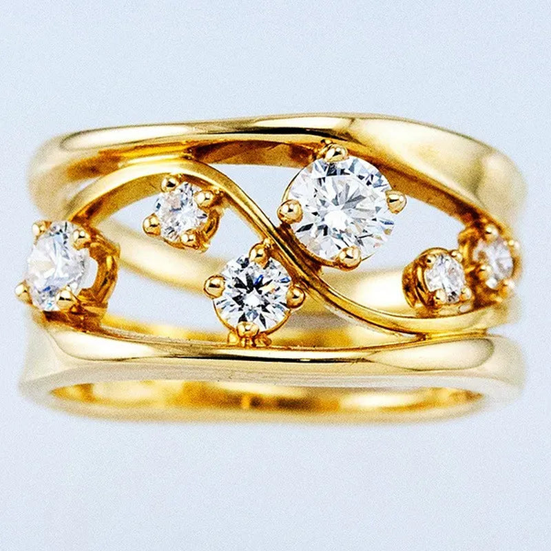 24K Solid Gold 6 Sparkling Diamond Rings Super Bride Engagement Wedding Rings Band Anniversary Birthday Christmas Jewelry Size 5-12