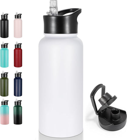 32 Oz Insulated Water Bottle Stainless Steel Metal Water Bottles with Leak Proof Straw Lid & Spout Lid, Wide Mouth Double Walled Vacuum Travel Sports Bottle, White
