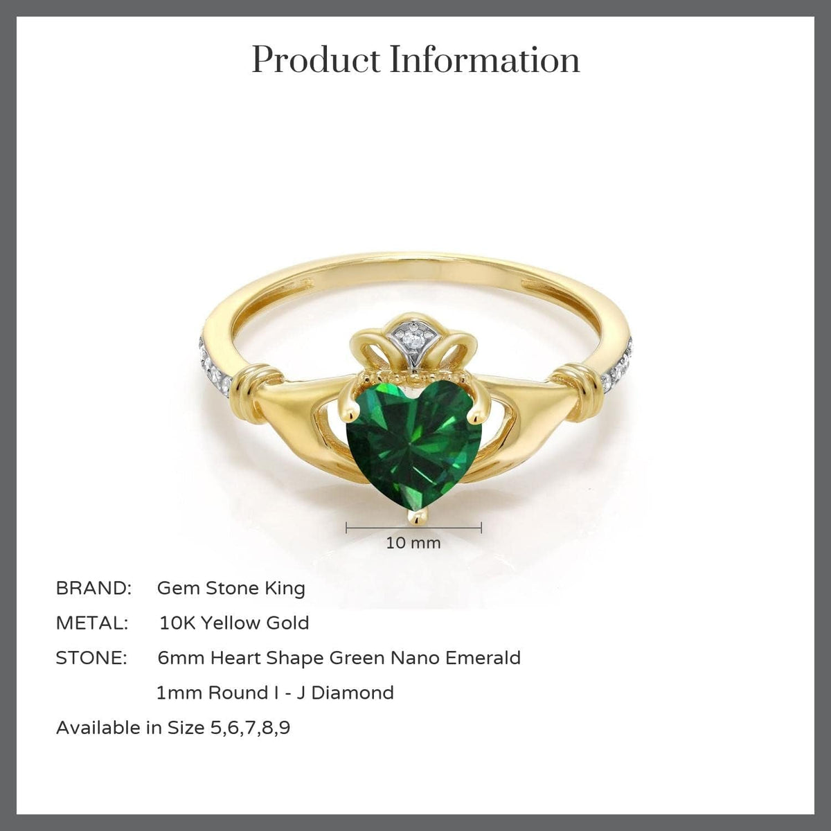 10K Yellow Gold 6MM Heart Shape Gemstone Birthstone and White Diamond Irish Celtic Claddagh Engagement Ring | Gold Ring for Women | Available in Size 5, 6, 7, 8, 9