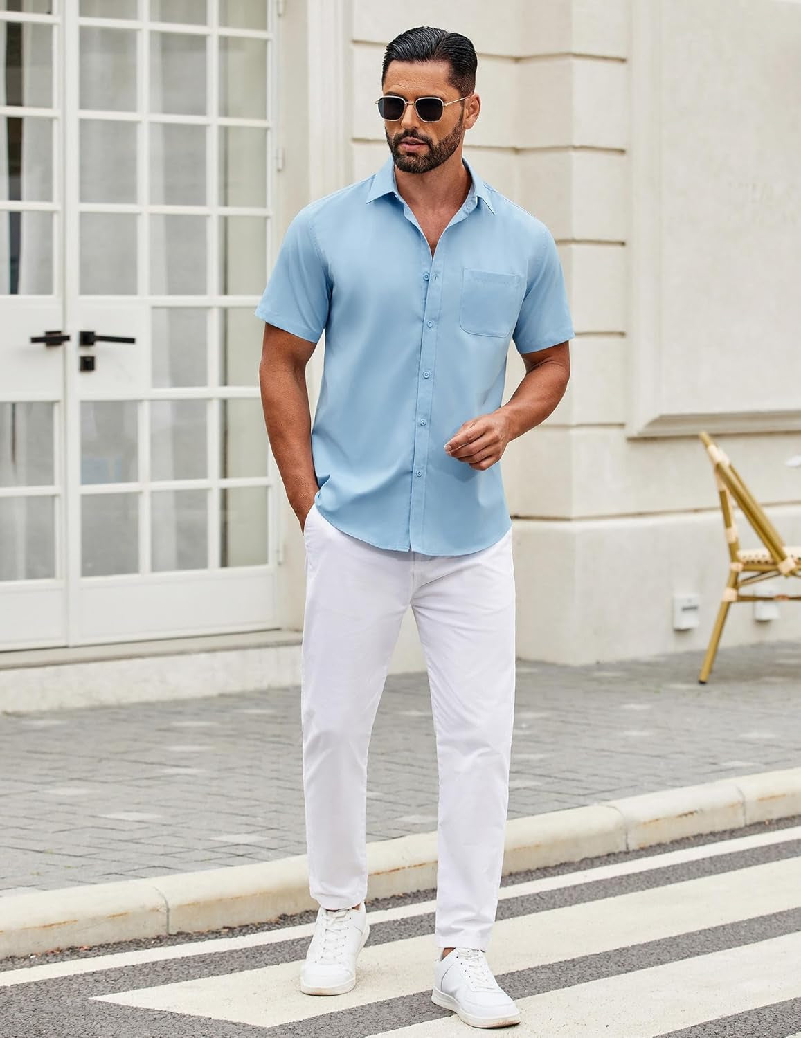 Mens Short Sleeve Casual Button down Shirts Summer Untucked Dress Shirts with Pocket