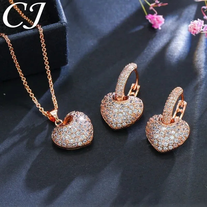 CANDICE Gorgeous Party Jewelry Set Full Micro Pave Tiny Cubic Zirconia Rose Gold Plated Love Heart Pendant Necklace Earrings For Women Gift