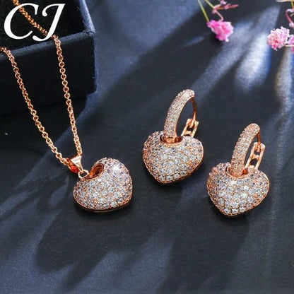 CANDICE Gorgeous Party Jewelry Set Full Micro Pave Tiny Cubic Zirconia Rose Gold Plated Love Heart Pendant Necklace Earrings For Women Gift